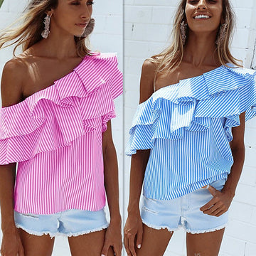 Striped One Shoulder Short Sleeves Loose Blouse