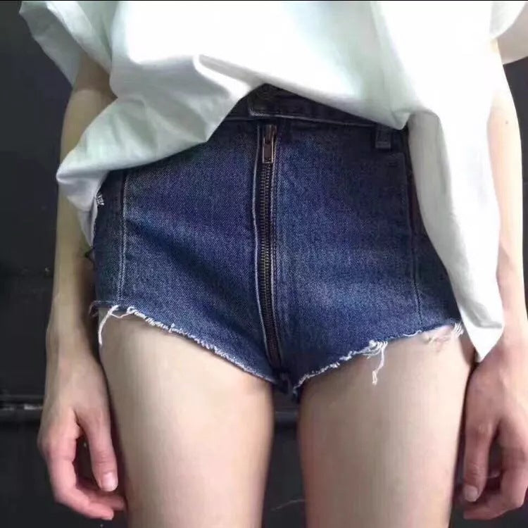 Patchwork Pure Color Denim Zipper Slim Shorts