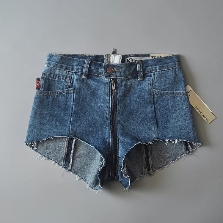 Patchwork Pure Color Denim Zipper Slim Shorts