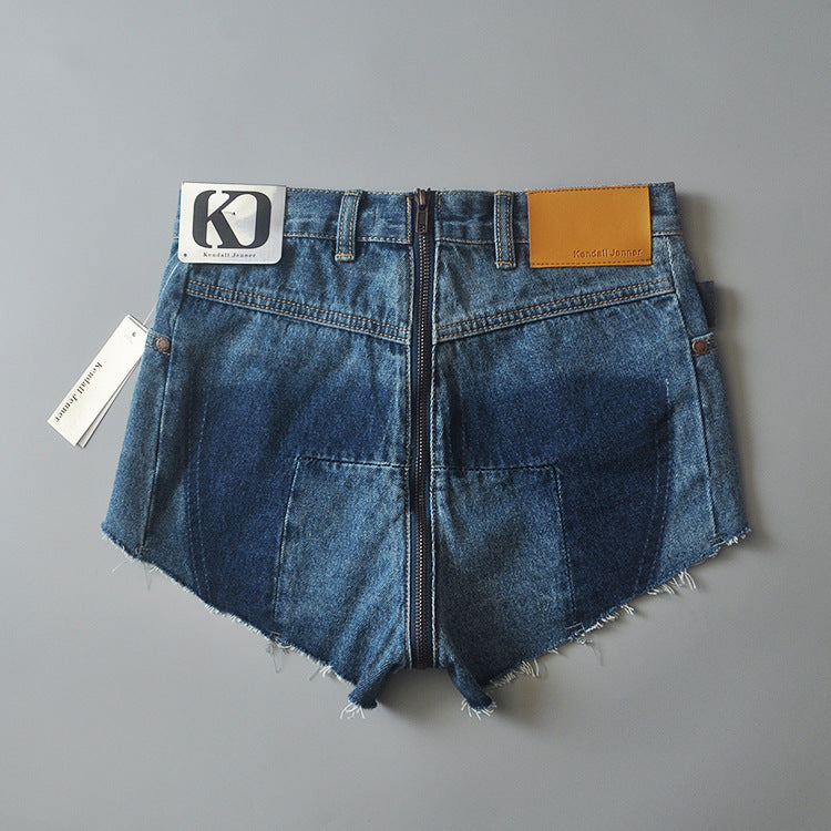 Patchwork Pure Color Denim Zipper Slim Shorts
