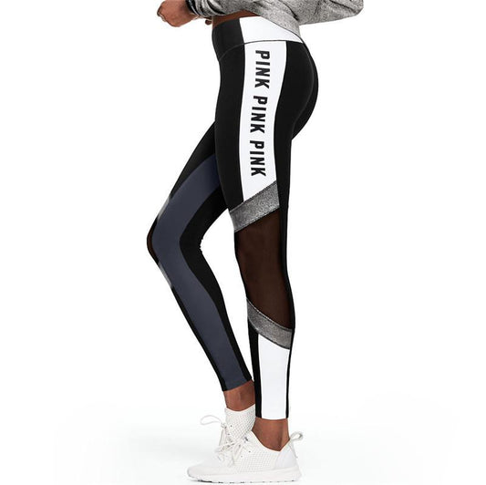 Letter Print Mesh Patchwork Women Skinny Yoga Sports Legging