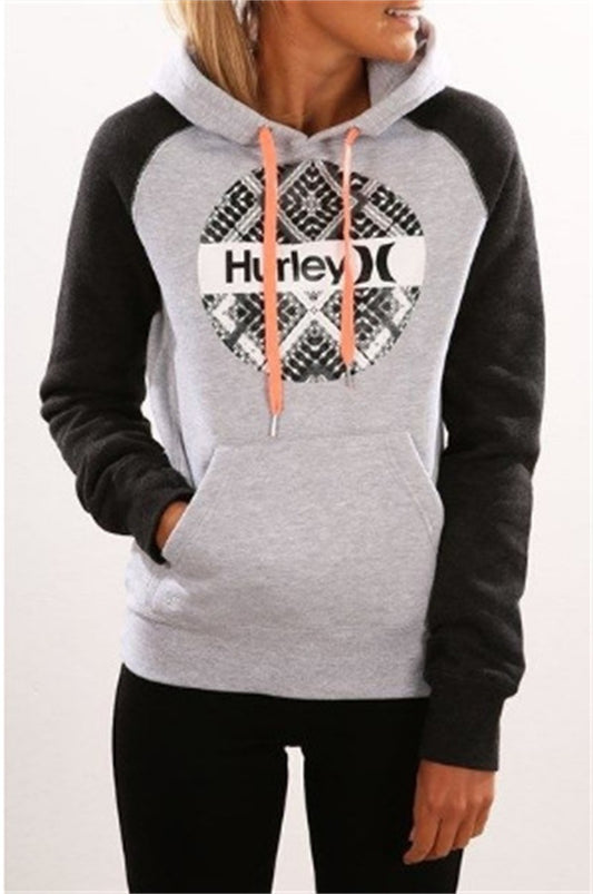 Letter Print Color Block Drawstring Pocket Hoodie