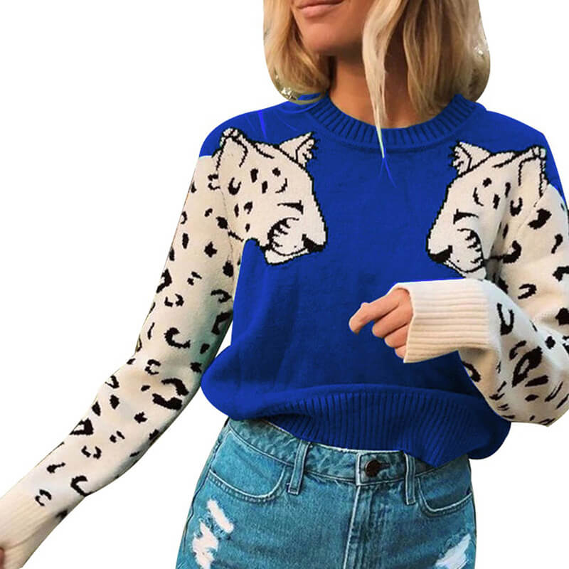 Leopard Pattern Knitting Pullover Woolen Sweater