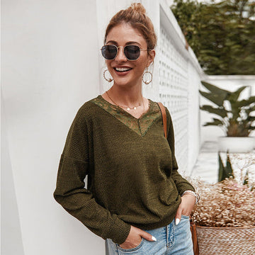 V Neck Lace Splice Long Sleeve Knit Sweater 