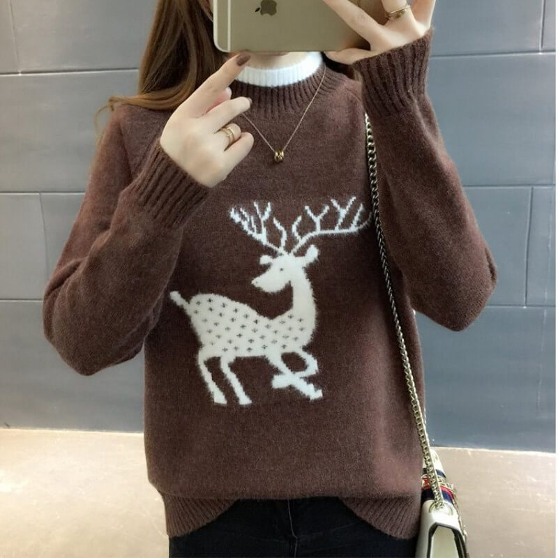 Reindeer Pure Color Mock Neck Sweater