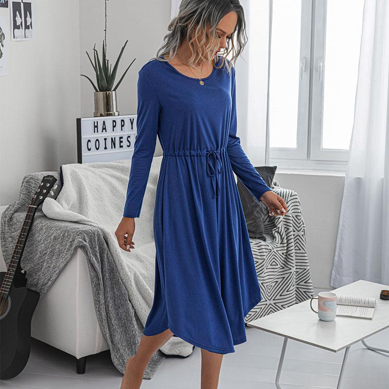 OL Tie Waist Pure Color Midi Dress