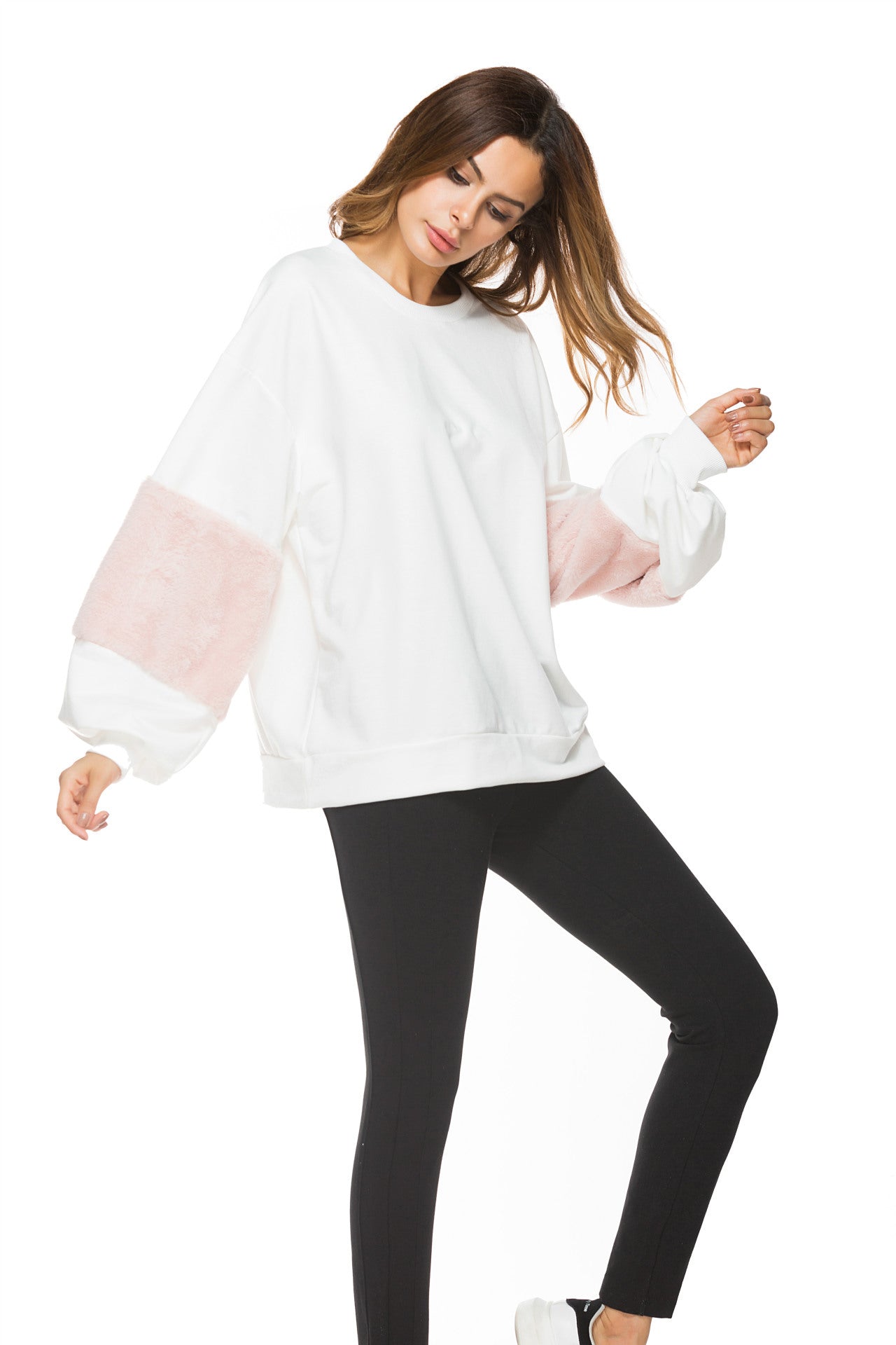 Patchwork Round Collar Long Sleeves Loose Sweatshirt