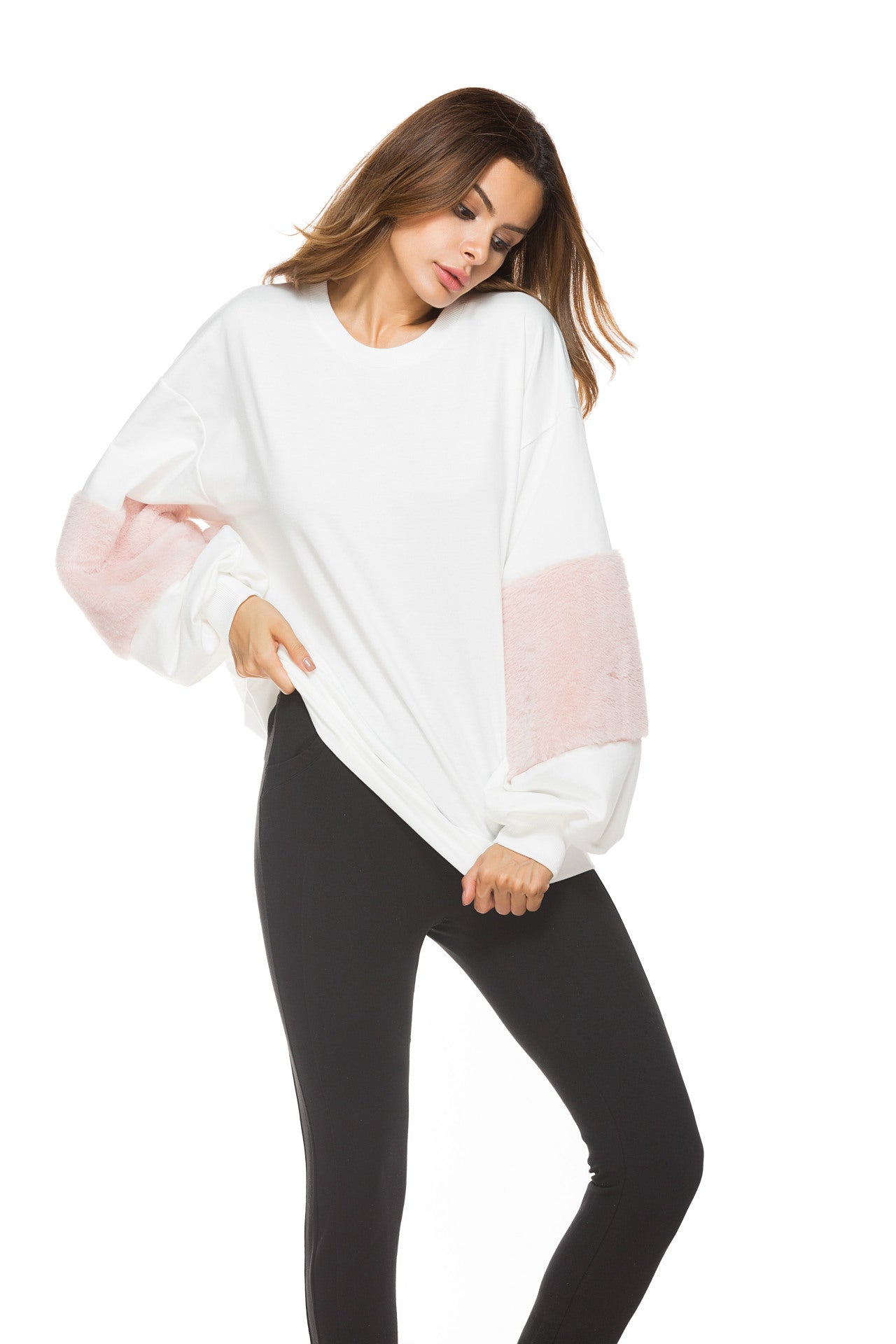 Patchwork Round Collar Long Sleeves Loose Sweatshirt