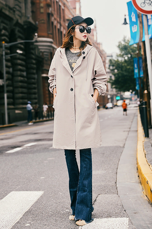 Drawstring Buttons Pockets Hooded Long Coat