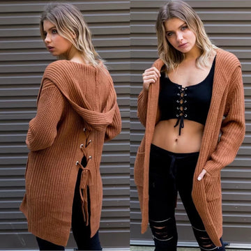 Loose Pure Color Pocket Hooded Long Loose Cardigan