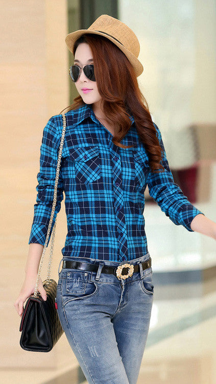 Turn-down Collar Plaid Flower Print Long Sleeves Slim Button Blouse