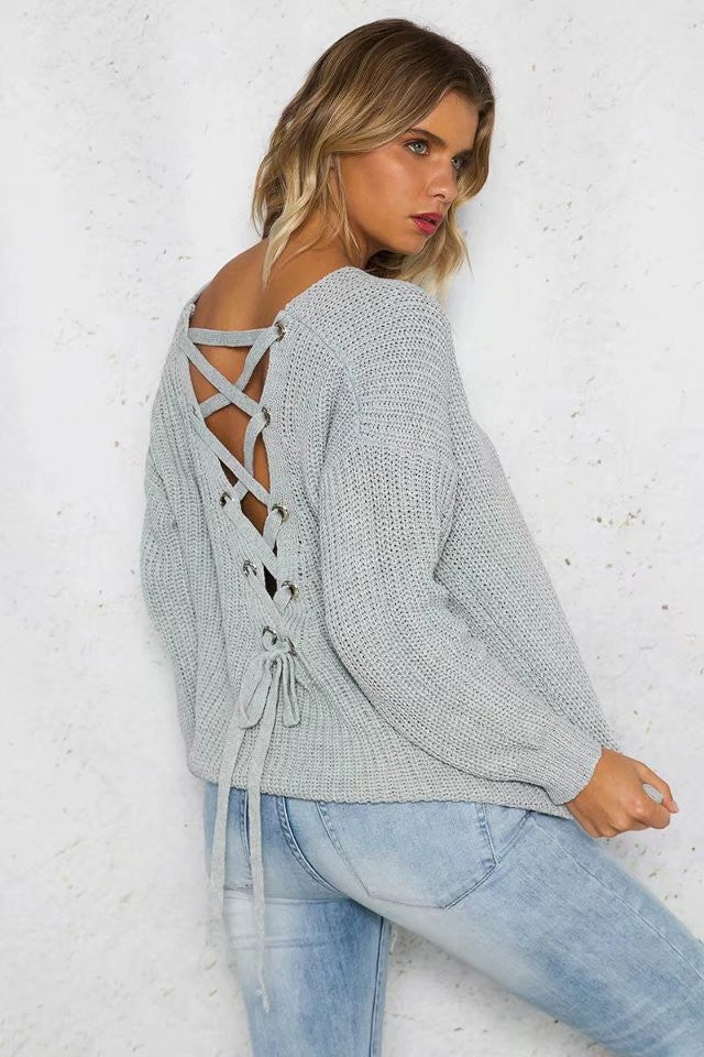 Back Cross Pure Color Long Sleeves V-neck Sweater