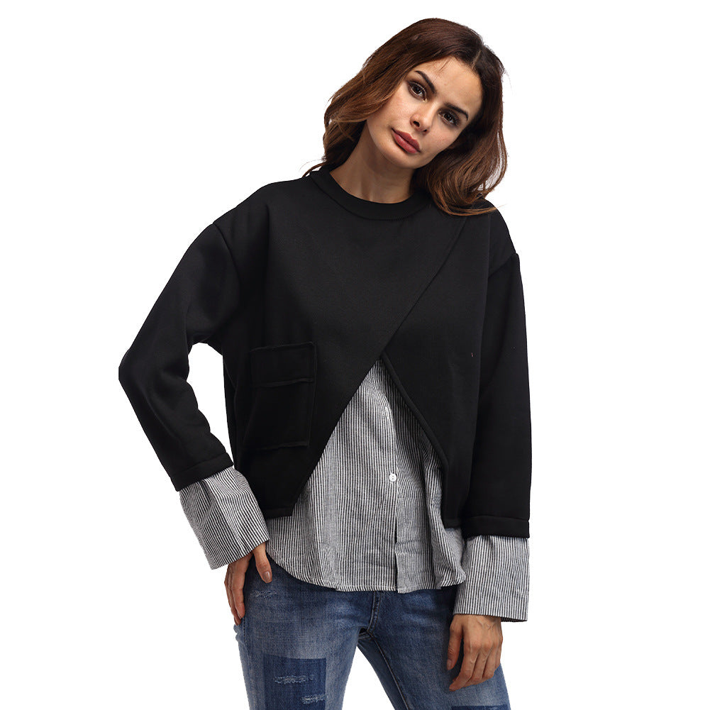 Patchwork Long Sleeve Round Neck Loose Blouse