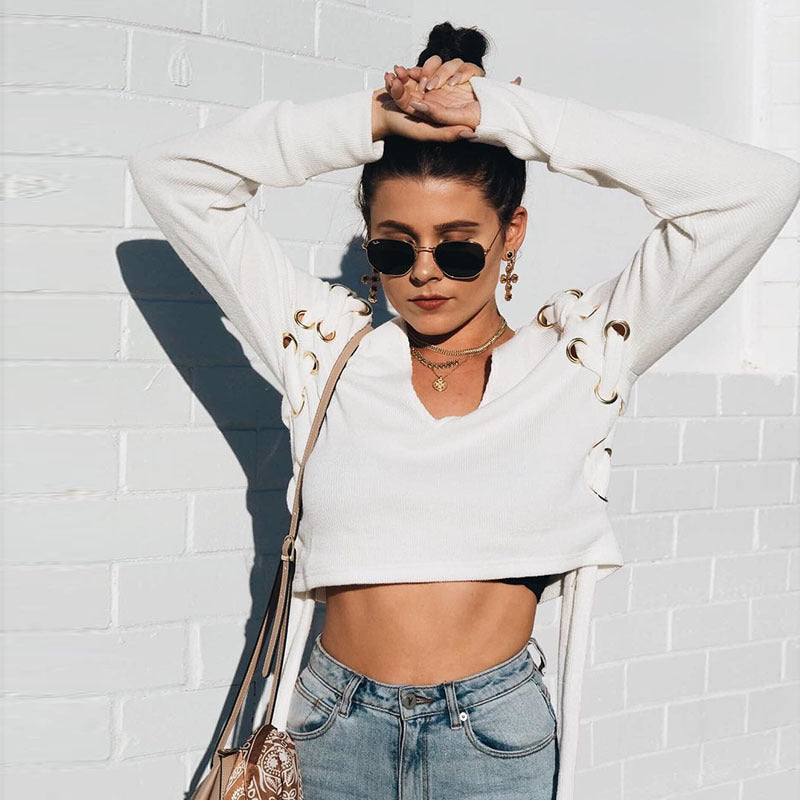 Straps Lace Up V-neck Crop Top Short Sweatshirt