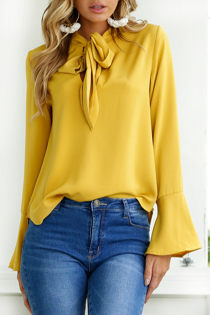 Long Trumpet Sleeves Pure Color Loose Straps Blouse