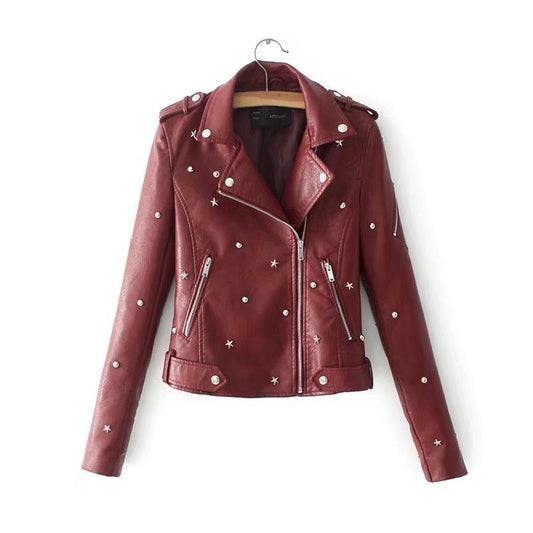 European Style Lapel Zipper Women Motorcycle Slim Cropped PU Jacket