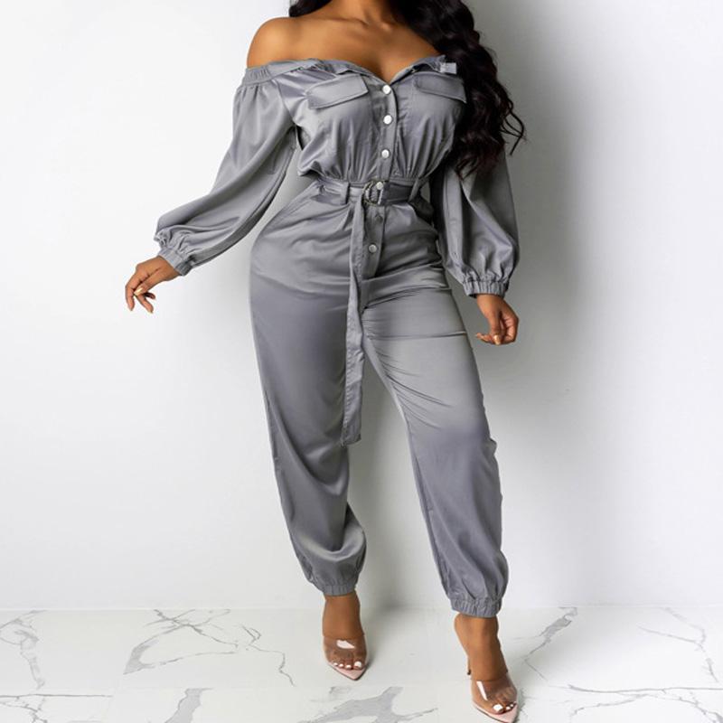 Party Long Sleeves Off Shoulder Belt High Waist Jumpsuits