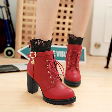 Lace Patchwork Lace UP Round Toe Middle Chunky Heels Short Boots