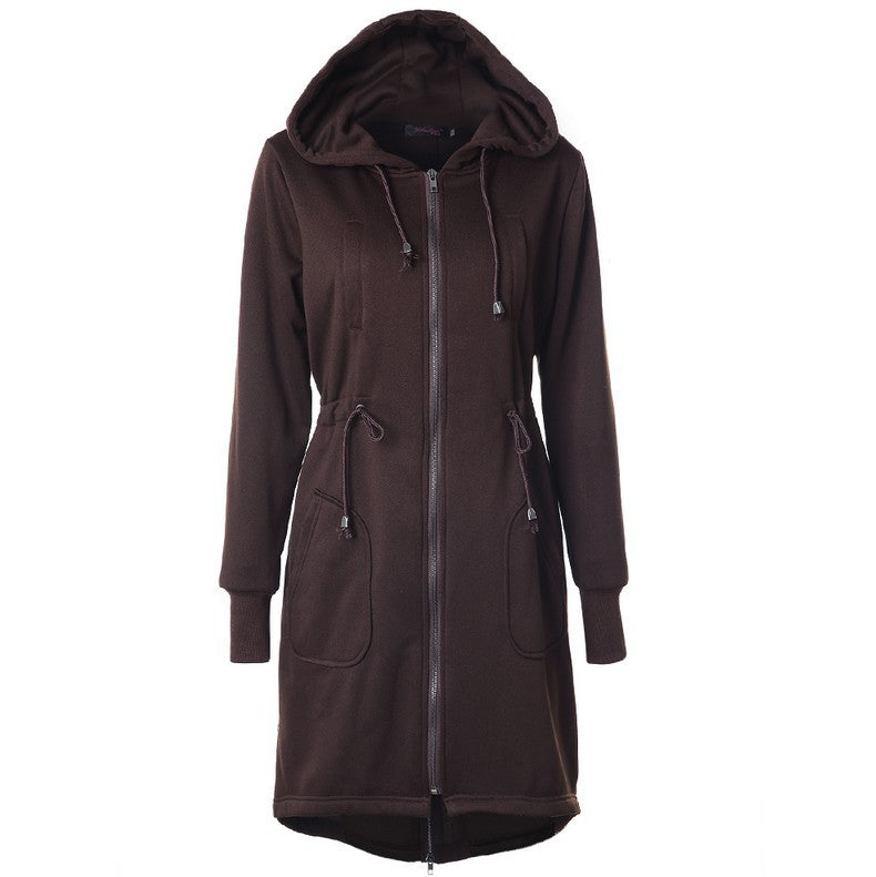 Drawstring Pockets Slim Zipper Long Hooded Oversize Coat