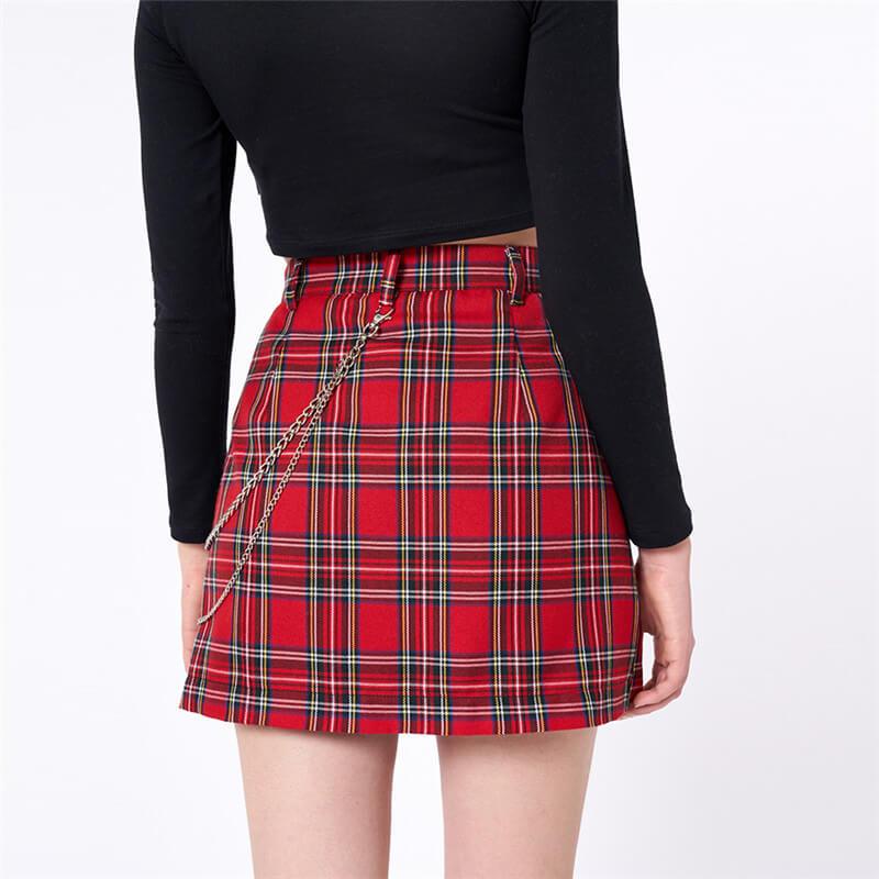 Fashion Red Plaid High Waist Chain Skirts