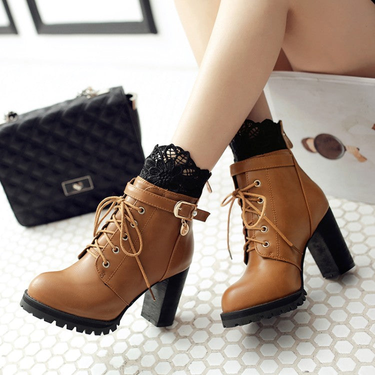 Lace Patchwork Lace UP Round Toe Middle Chunky Heels Short Boots