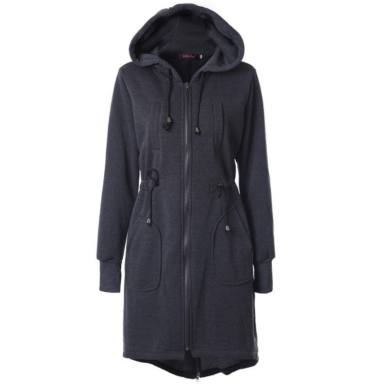 Drawstring Pockets Slim Zipper Long Hooded Oversize Coat