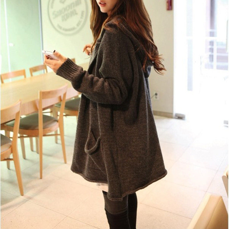 Loose Solid Color Lapel Pockets Long Cardigan