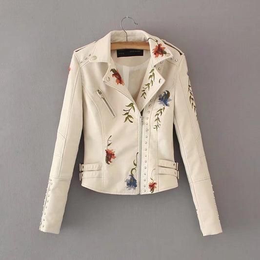 Label Rivets Zippers Embroidery Women Short PU Jacket