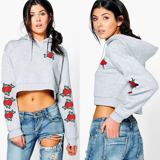 Flowers Embroidery Drawstring Crop Top Short Hoodie