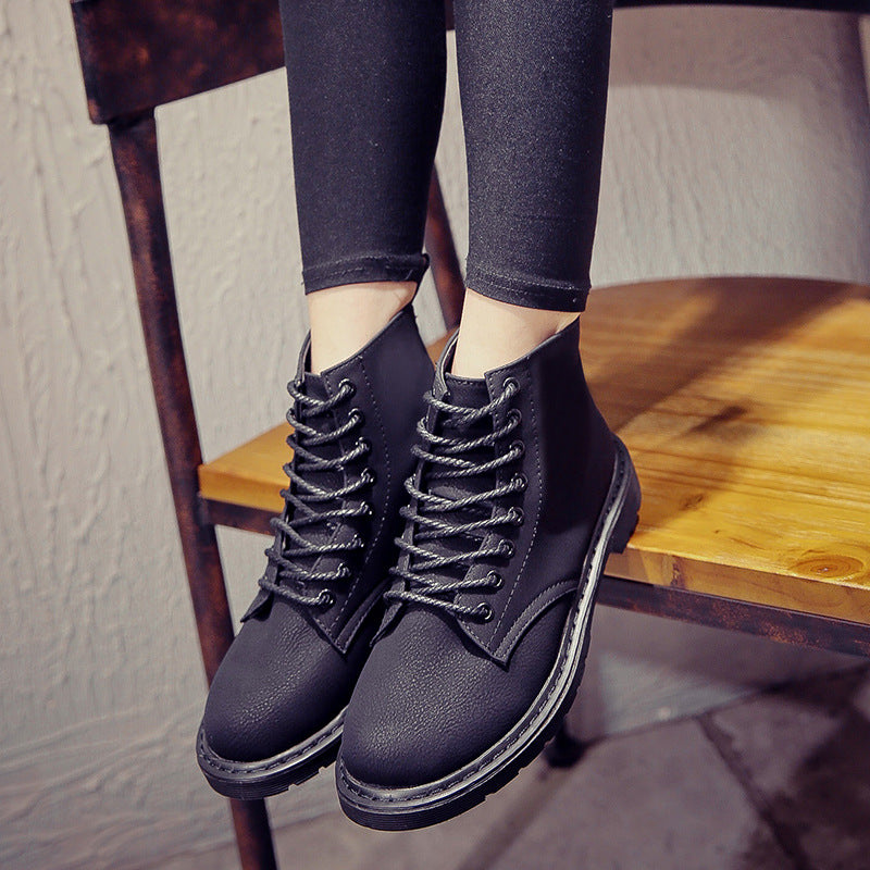 European British Style Lace UP Round Toe Low Block Heel Ankle Martin Boots