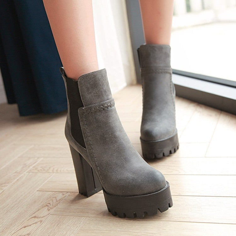 Platform Round Toe High Chunky Heels Short Boots