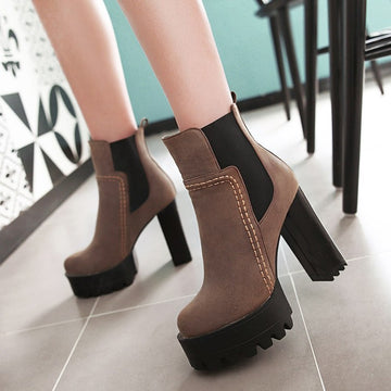 Platform Round Toe High Chunky Heels Short Boots