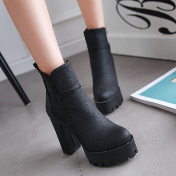 Platform Round Toe High Chunky Heels Short Boots