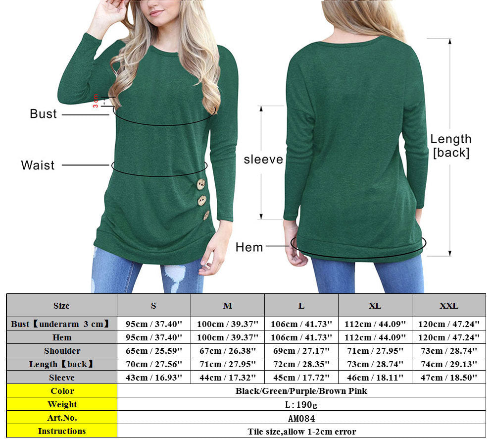 Candy Color Round Neck Long Sleeves Button T-shirt