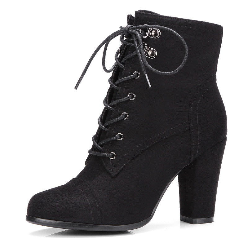 Pointed Lace Up Middle Chunky Heels Short Boots