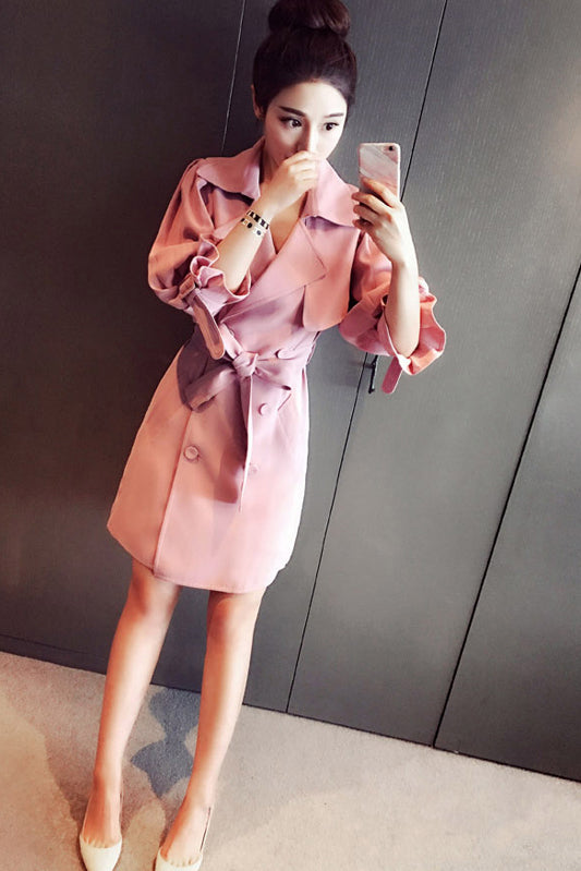 Lapel Strap Belt Bowknot Long Lantern Sleeves Slim Long Coat