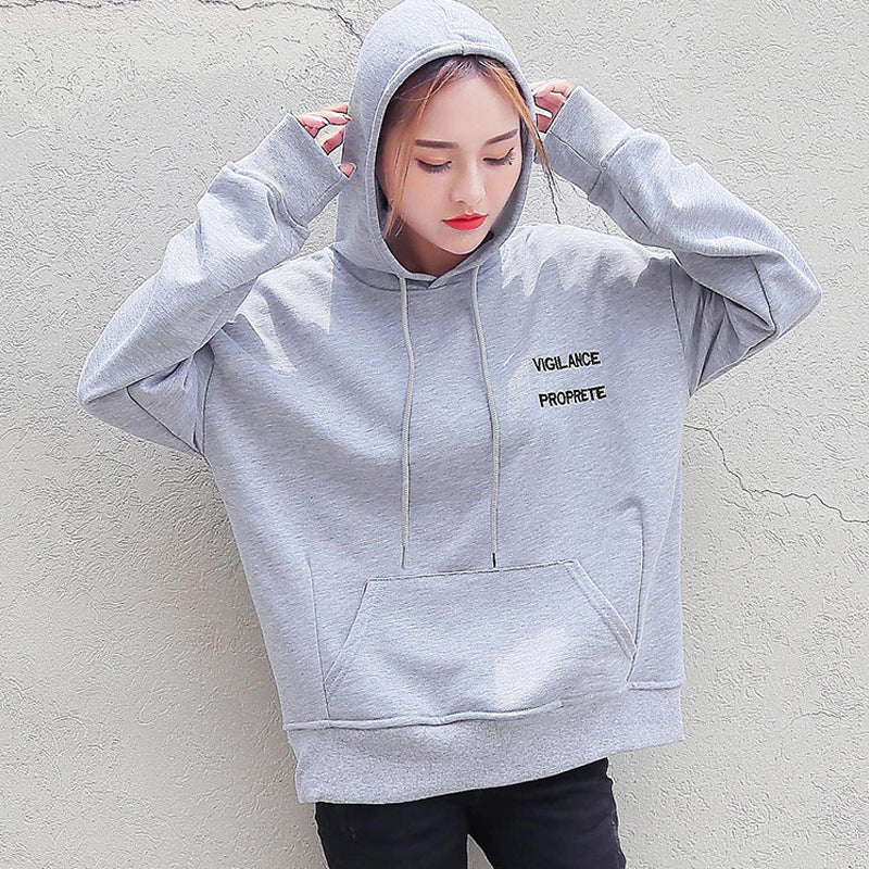 Solid Color Letter Print Pocket Loose Hoodie