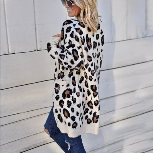 Leopard Pockets Knit Oversized Cardigan Sweater