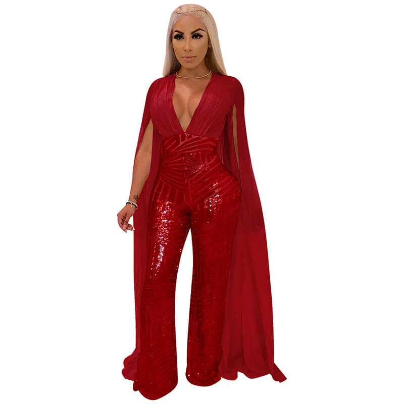 Sparkle Sequin Backless Cape Plus Size Formal Jumpsuit