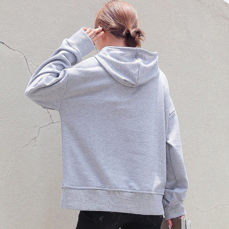 Solid Color Letter Print Pocket Loose Hoodie