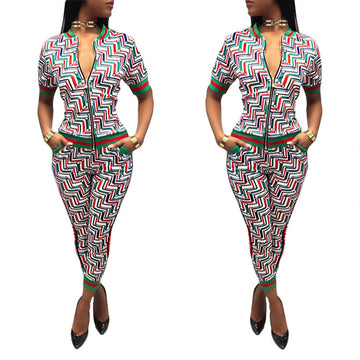 Print Front Zipper Blouse High Waist 9/10 Pencil Pants Two Pieces Set