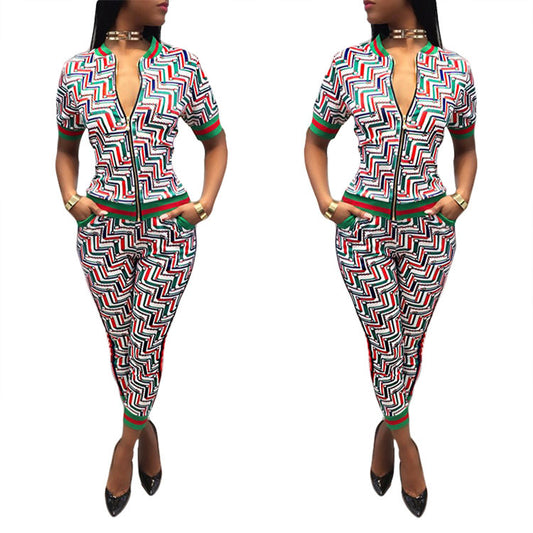 Print Front Zipper Blouse High Waist 9/10 Pencil Pants Two Pieces Set