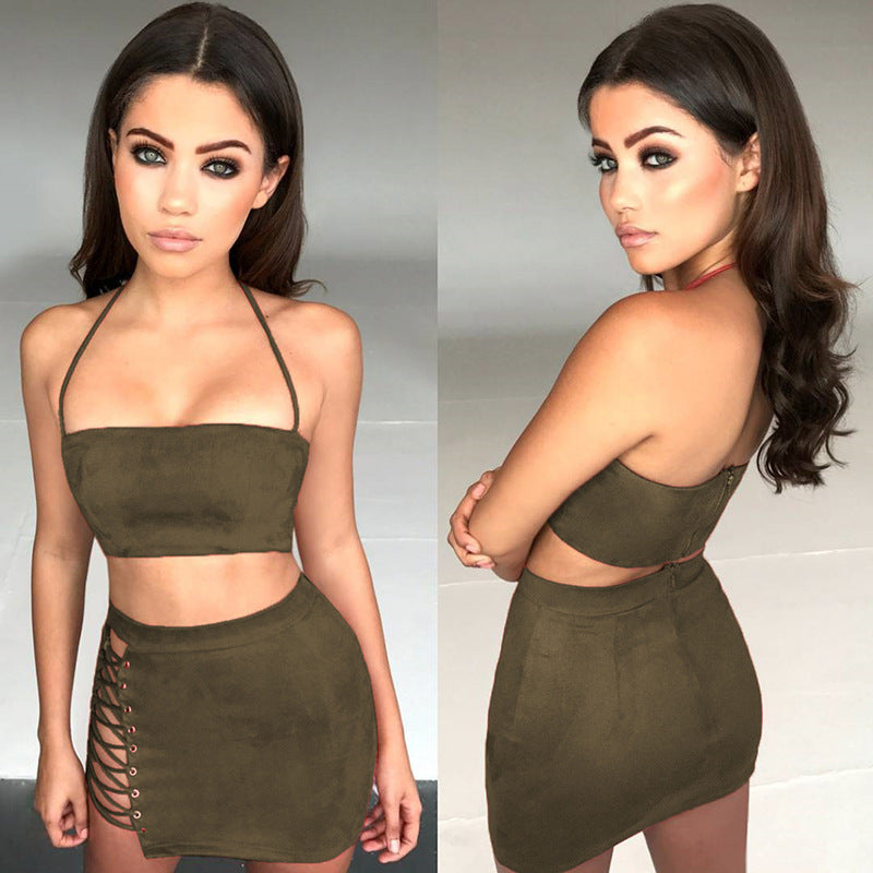 Straps Halter Backless Crop Top with Hollow Out Short Skirt Two Piece Set