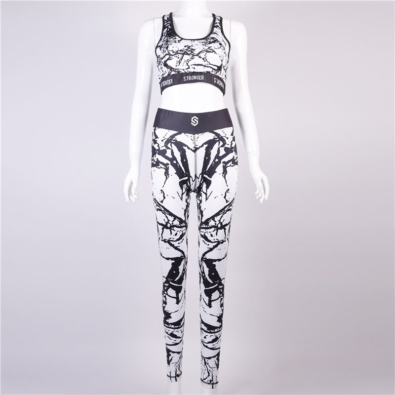 3D Print Letter Crop Top with High Waist Leggings Women Summer Sports Two Pieces Set