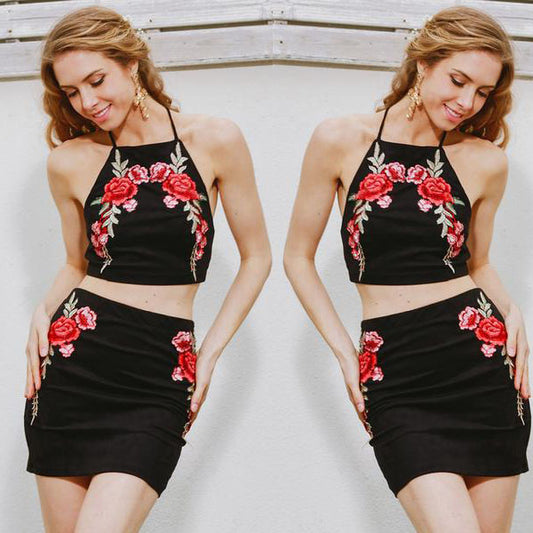 Flower Embroidery Backless Crop Top with Short Skirt Two Pieces Dress Set