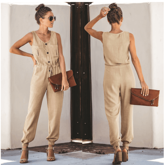 Chiffon V Neck Solid Color Sleeveless Pockets Jumpsuit