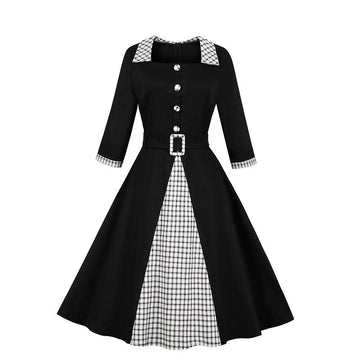 Cute Plaid Splicing A-line Belt Dress