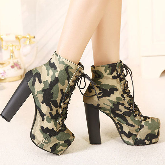 Camouflage Lace Up Platform Chunky High Heels Short Boots