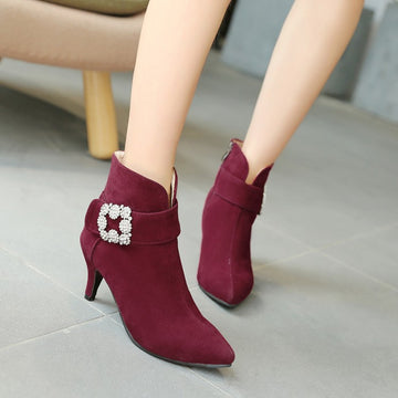 Crystal Pointed Toe Middle Heel Short Boots