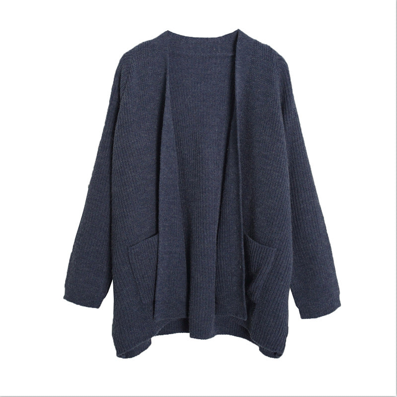 Pure Color Long Sleeves Loose Pockets V-neck Cardigan